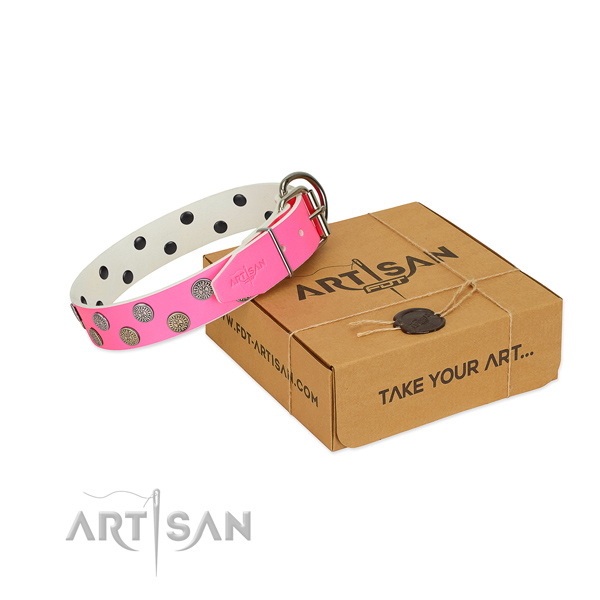Stunning decorated full grain natural leather dog collar for handy use