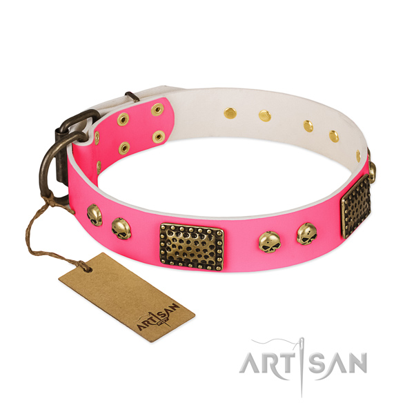 Adjustable full grain genuine leather dog collar for stylish walking your four-legged friend