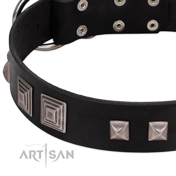Durable hardware on genuine leather dog collar for fancy walking