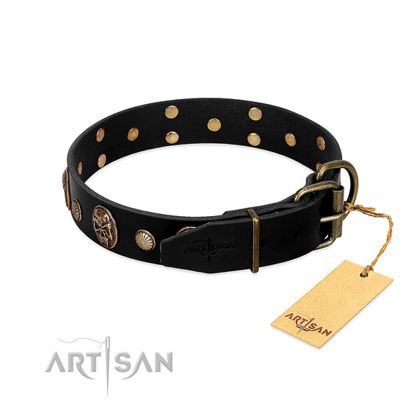 Rust resistant D-ring on full grain genuine leather collar for stylish walking your pet