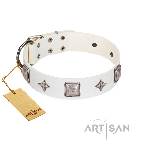 Reliable genuine leather dog collar with embellishments for easy wearing