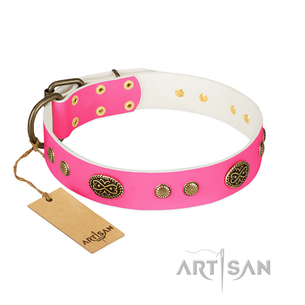 Durable D-ring on full grain natural leather dog collar for your dog