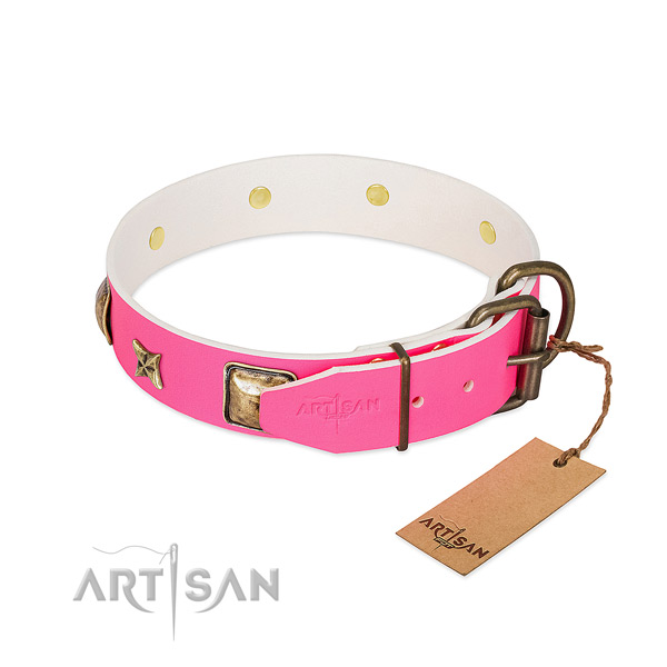Rust-proof hardware on full grain genuine leather collar for walking your doggie