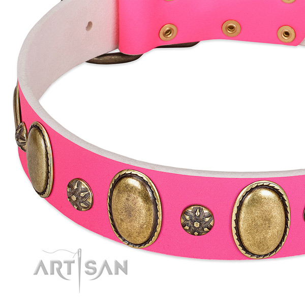 Strong natural leather dog collar with rust resistant buckle
