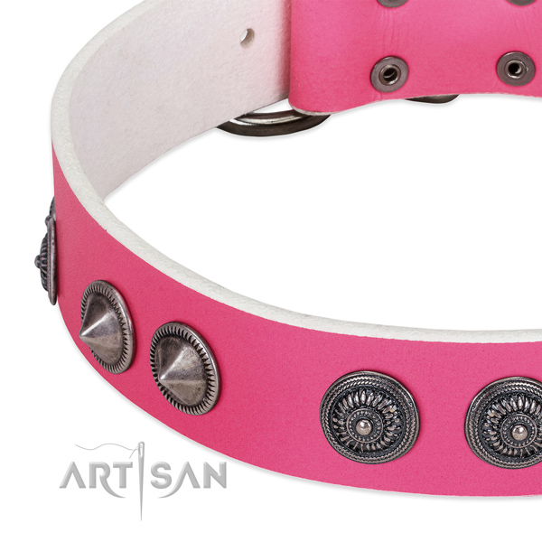 Easy adjustable natural leather collar with studs for your doggie