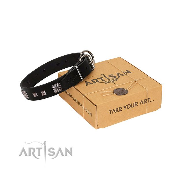 Easy wearing full grain leather collar with embellishments for your canine