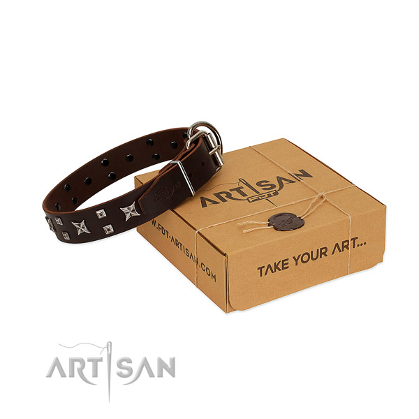 Unusual studded natural leather dog collar of gentle to touch material