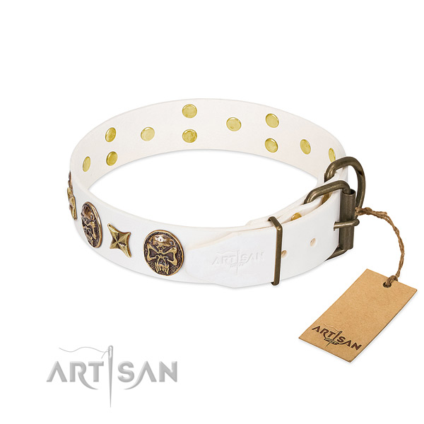 Durable hardware on full grain natural leather collar for basic training your doggie