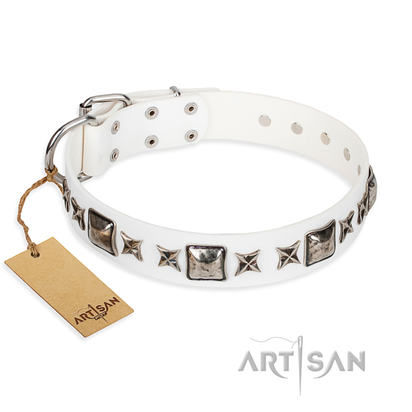 Full grain genuine leather dog collar made of gentle to touch material with rust resistant hardware