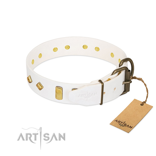 Reliable full grain genuine leather dog collar with corrosion resistant traditional buckle