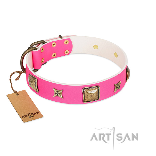 Full grain genuine leather dog collar of soft material with top notch adornments