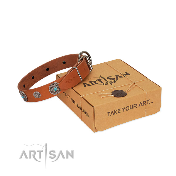Stylish walking genuine leather dog collar with decorations
