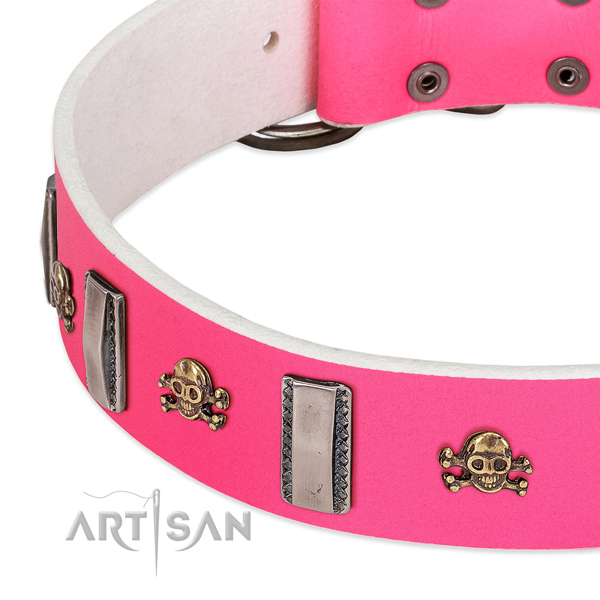 Exceptional adornments on genuine leather dog collar for comfy wearing
