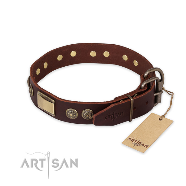 Rust-proof D-ring on full grain natural leather collar for basic training your pet