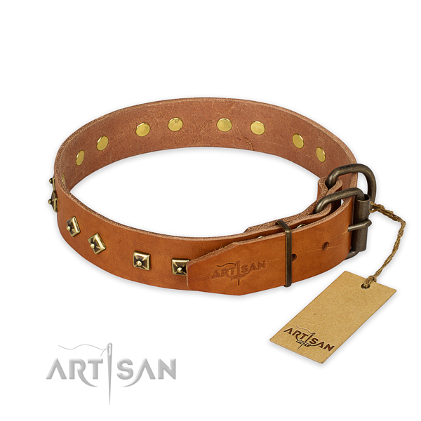 Reliable traditional buckle on full grain genuine leather collar for walking your four-legged friend