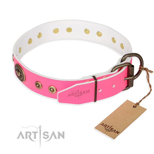 Full grain genuine leather dog collar made of best quality material with durable adornments