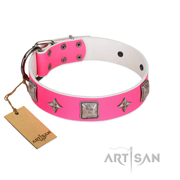 Flexible genuine leather dog collar with decorations for stylish walking