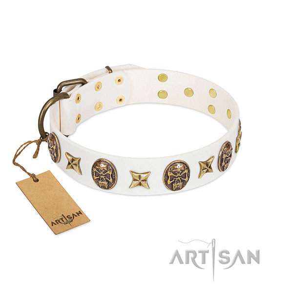 Adorned natural genuine leather dog collar for everyday use