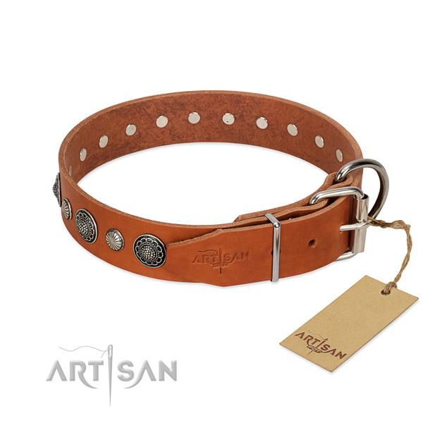 Durable natural leather dog collar with corrosion resistant D-ring
