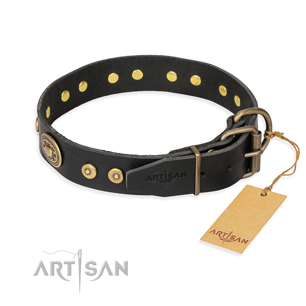 Full grain natural leather dog collar made of quality material with durable decorations