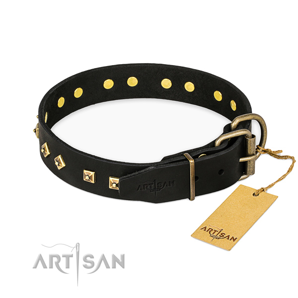 Reliable D-ring on full grain genuine leather collar for everyday walking your pet