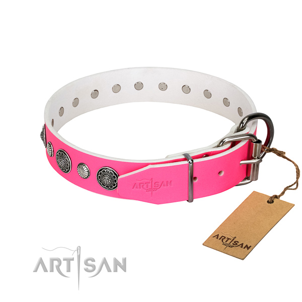 Gentle to touch natural leather dog collar with corrosion proof buckle