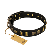 "Simple Elegance" FDT Artisan Black Leather Cane Corso Collar with Old Bronze-like Plates and Circles