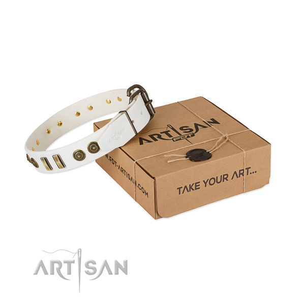 Corrosion resistant buckle on natural leather dog collar for your canine