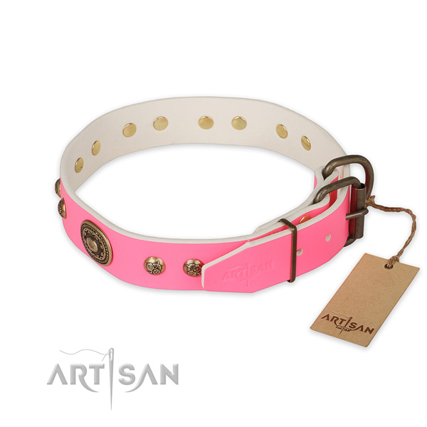 Corrosion proof buckle on natural genuine leather collar for daily walking your pet