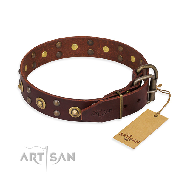 Reliable traditional buckle on full grain genuine leather collar for your handsome pet