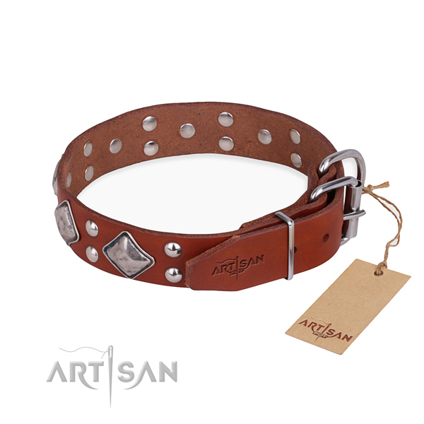 Full grain genuine leather dog collar with unique rust-proof embellishments