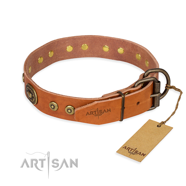 Genuine leather dog collar made of flexible material with strong decorations