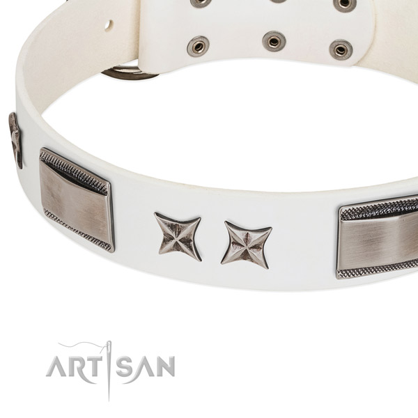 Flexible genuine leather dog collar with durable traditional buckle