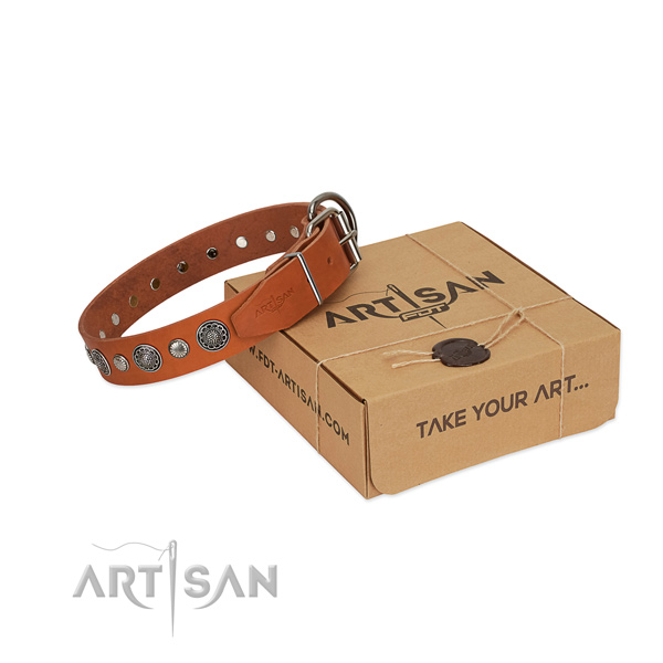 Durable natural leather dog collar with inimitable decorations