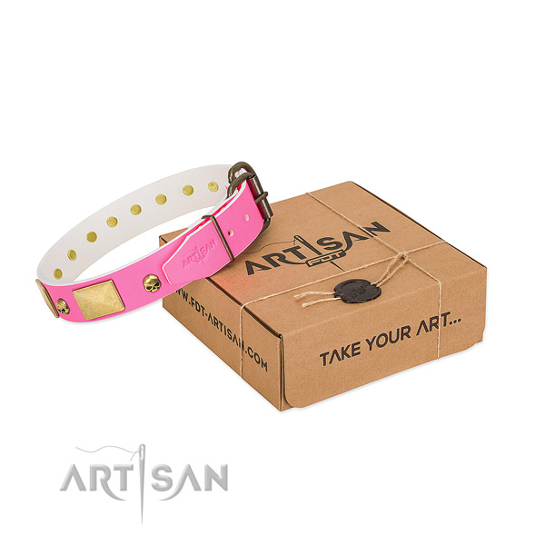 Soft to touch full grain genuine leather collar with corrosion proof adornments for your doggie