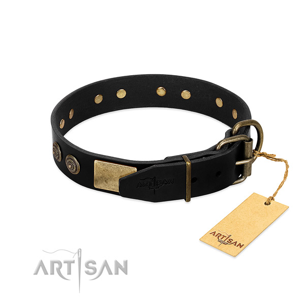 Corrosion resistant D-ring on natural leather dog collar for your four-legged friend