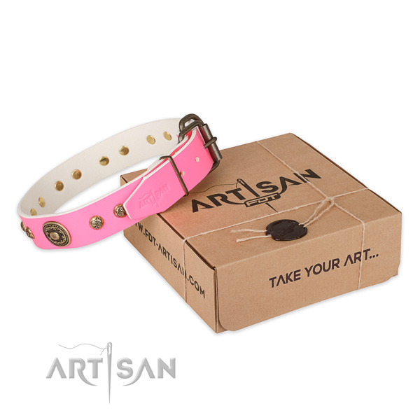 Strong D-ring on natural genuine leather dog collar for daily use