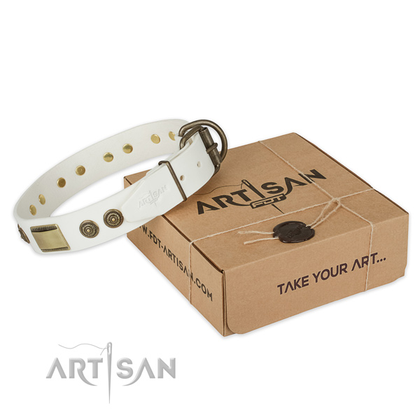 Strong fittings on full grain natural leather dog collar for comfortable wearing