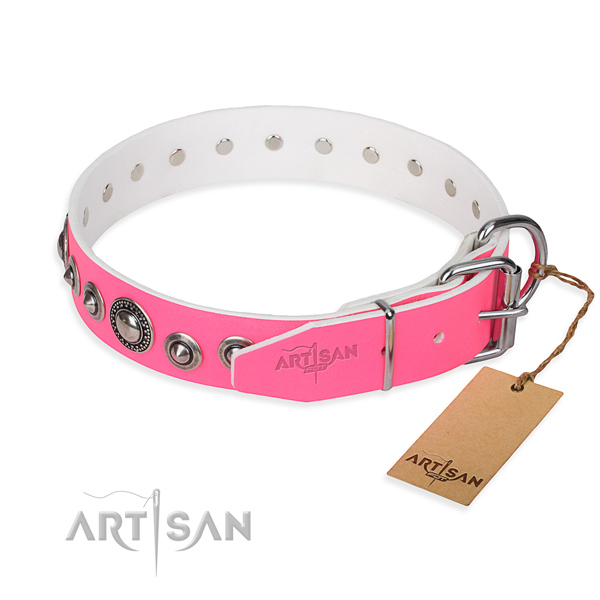 Full grain leather dog collar made of top notch material with reliable embellishments