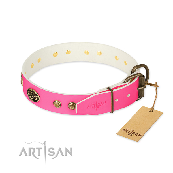 Corrosion resistant embellishments on full grain genuine leather dog collar for your dog