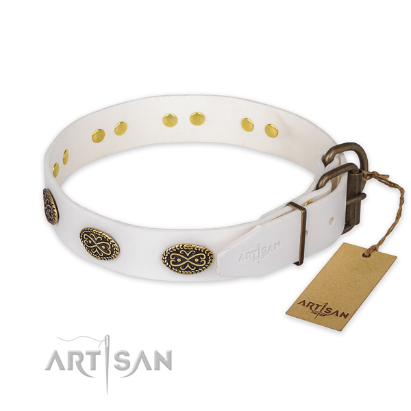 Reliable D-ring on full grain genuine leather collar for everyday walking your pet