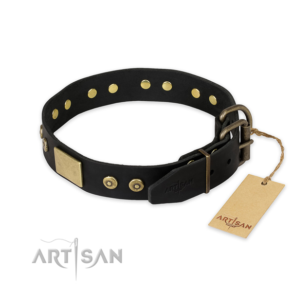 Durable D-ring on full grain leather collar for everyday walking your doggie