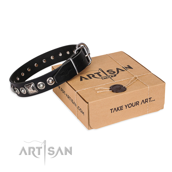 Full grain genuine leather dog collar made of reliable material with strong D-ring
