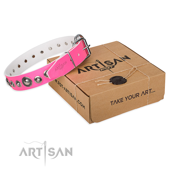 Natural genuine leather dog collar made of quality material with corrosion proof traditional buckle