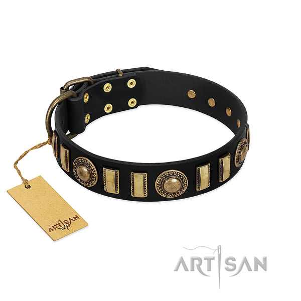 Strong genuine leather dog collar with corrosion proof fittings