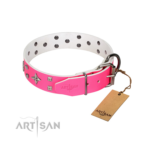 Full grain genuine leather dog collar with fashionable embellishments