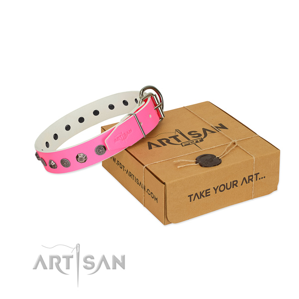 Full grain leather dog collar of high quality material with extraordinary embellishments