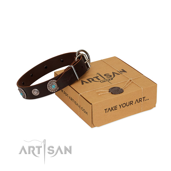 Daily use soft genuine leather dog collar with embellishments
