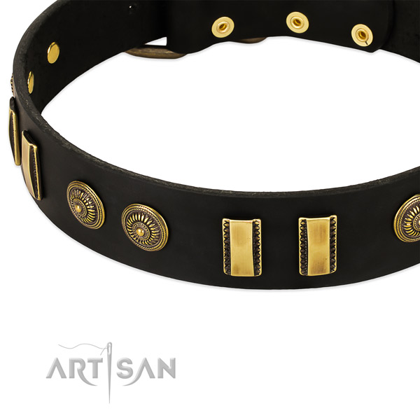 Rust resistant embellishments on full grain natural leather dog collar for your canine