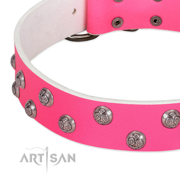 Full grain leather dog collar with rust-proof hardware and decorations